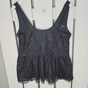 Lucca‎ Womens Peplum Plung Back Lace Tank Top Med Black Whimsygoth Witchy Sheer